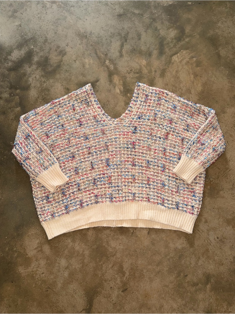 She + Sky XL Oversized Confetti Tweed Sparkle V Neck Sweater Cream OS